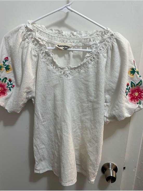 Savanna Jane Tops - Savanna Jane White Peasant Blouse with Pink & Yellow Floral Embroidery